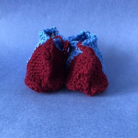 Vintage Handmade Knitted Burgundy Blue Children’s Slipper Booties - Picture 2 of 3